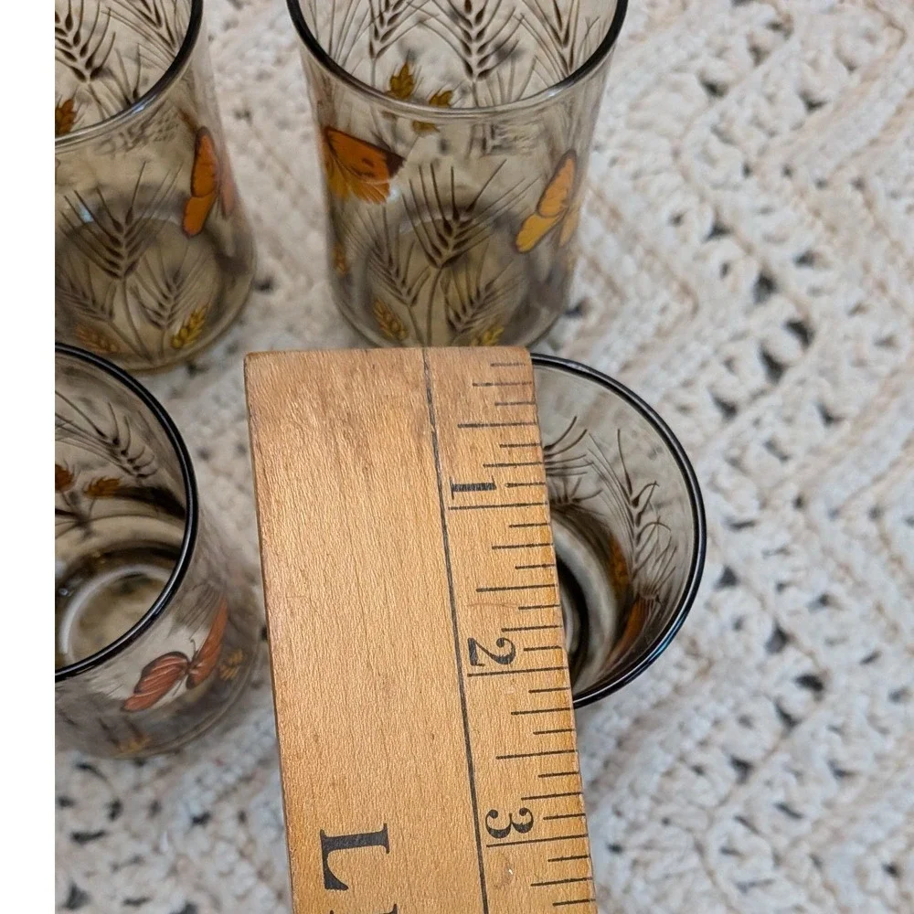 Vintage Libbey Butterfly Wheat Smoky Brown Juice Glasses Set of 6 Retro 4in